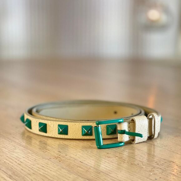 Vintage Y2K Vans Green‎ Pyramid Studded Skinny Leather Belt Cream & Mint Size M - Picture 2 of 8